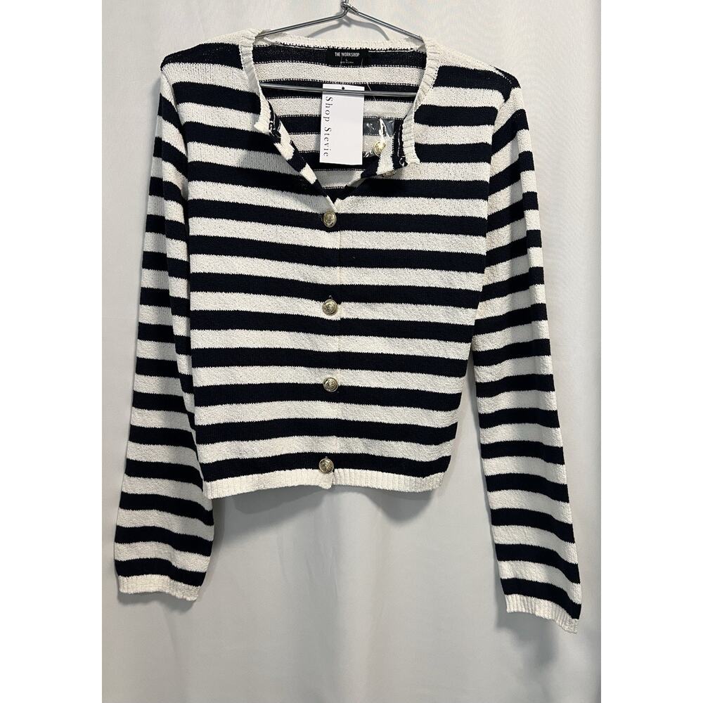 The Workshop Black White Striped Button Up Cardigan - Large